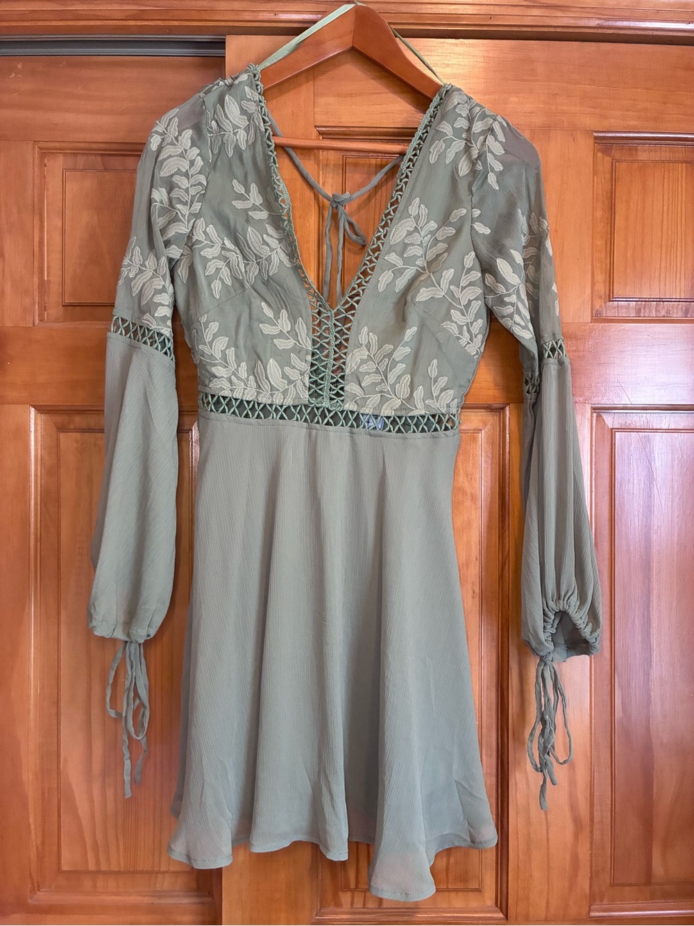 Angel Biba Olive Green Embroidered V-Neck Long Sleeve Dress
